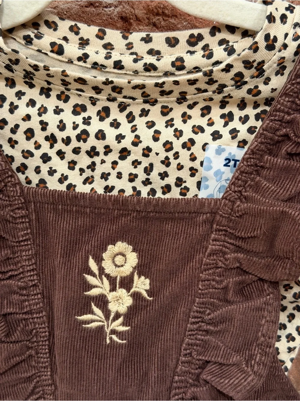 Old Navy Brown Corduroy Pinafore Dress with Floral Embroidery